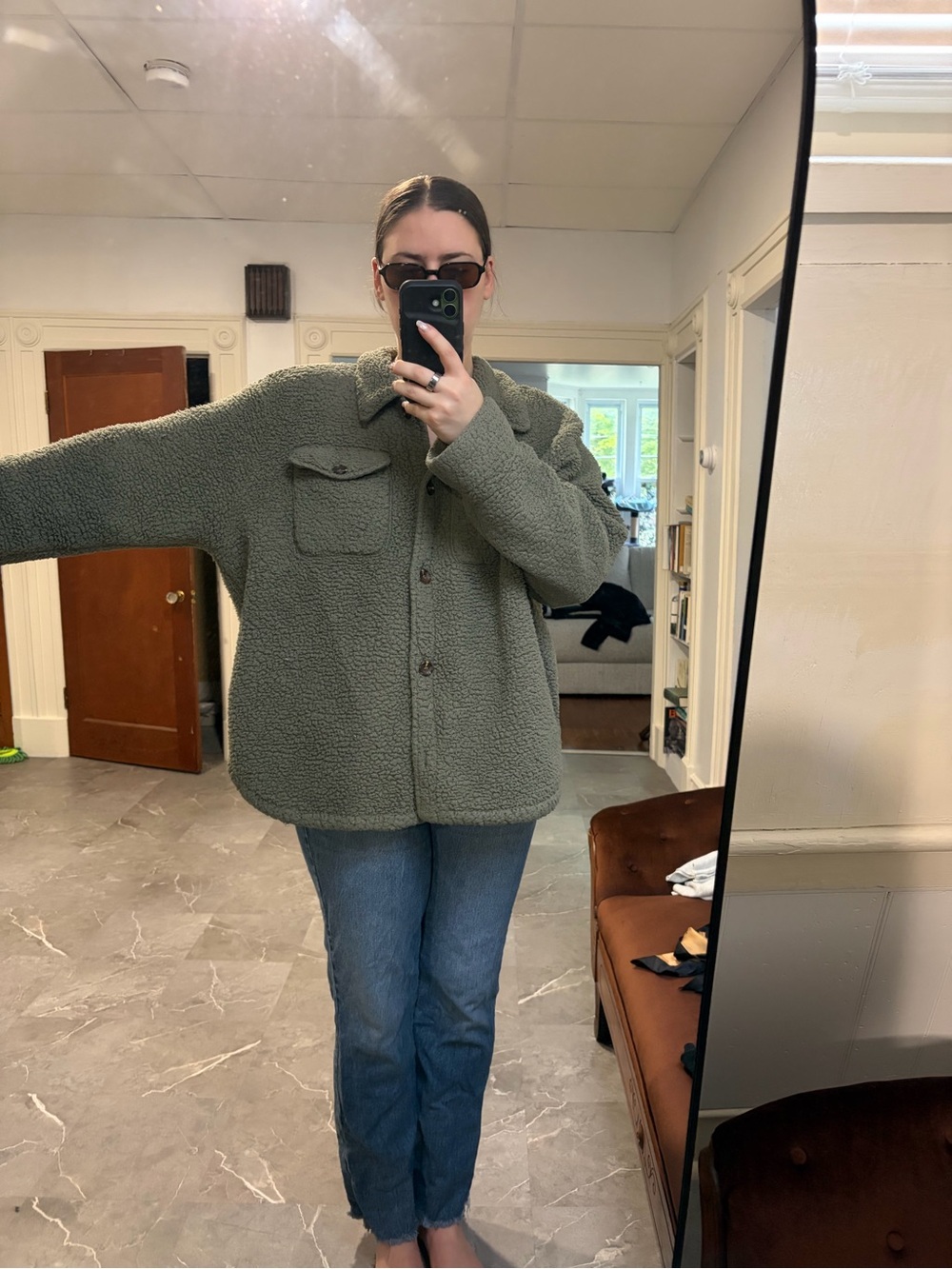 Olive Green Sherpa Shacket - Women’s Cozy Button-Up Jacket